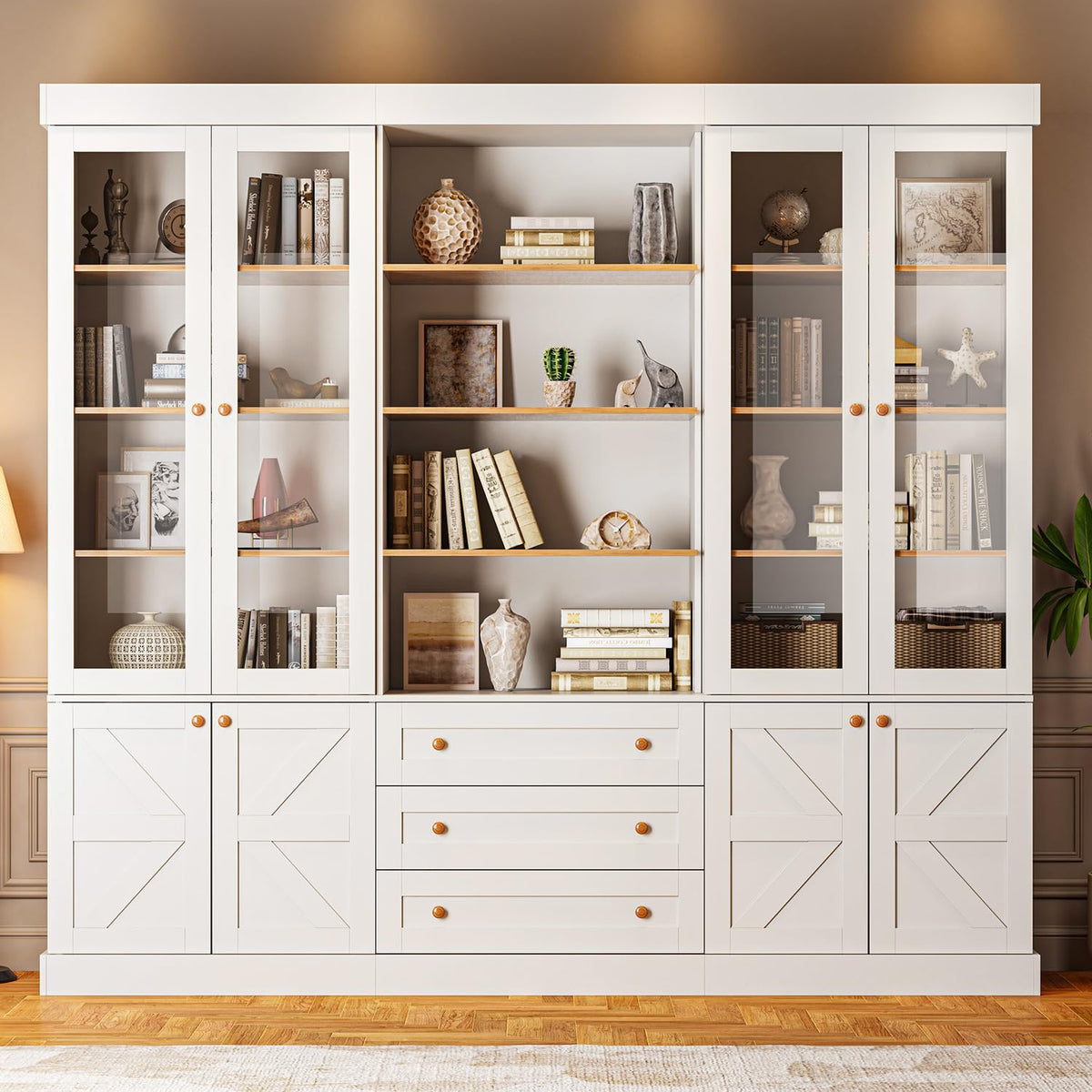 Vyre 71" Tall Farmhouse Bookshelves with Drawers, Set of 3 â Large Modular Bookcase with Adjustable Shelves, Storage Cabinet for Living Room, Kitchen, Home Office, Brown