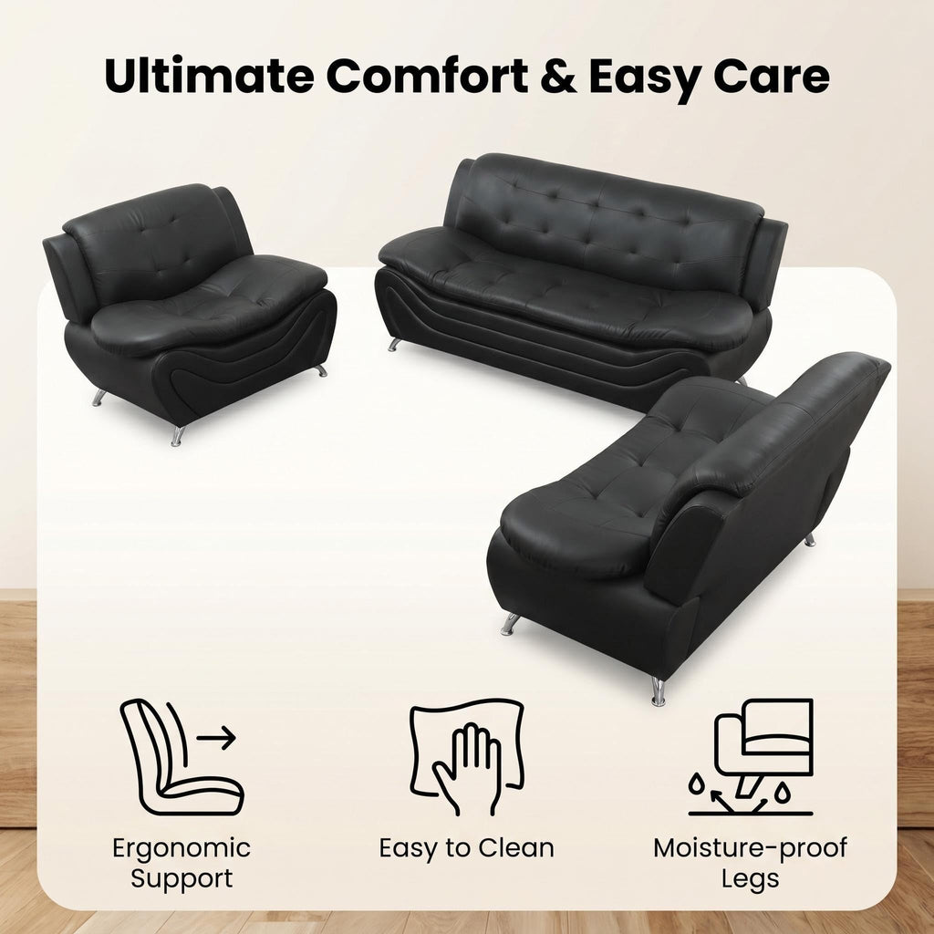 Modern Faux Leather Sofa Set â 3-Piece Living Room Couch with Chrome Legs & Padded Armrests â Includes 1-Seater, 2-Seater & 3-Seater â Contemporary Lounge Furniture for Home & Office (Brown)