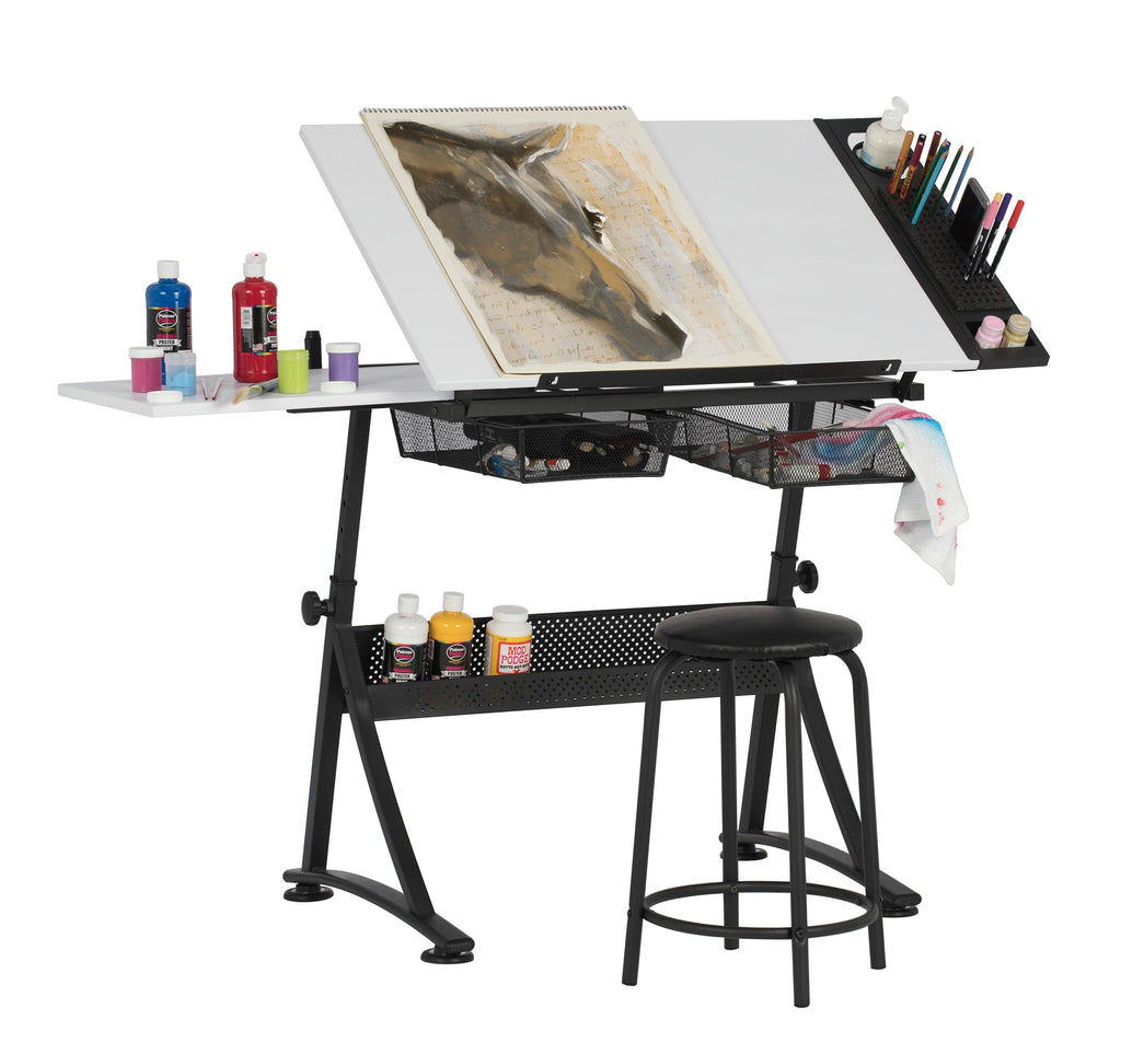 Studio Designs Fusion Drafting Table with Integrated LED Light Pad, Height & Angle Adjustable Tempered Glass Light Table, Artograph Light Pad, Storage Drawers & Side Shelf