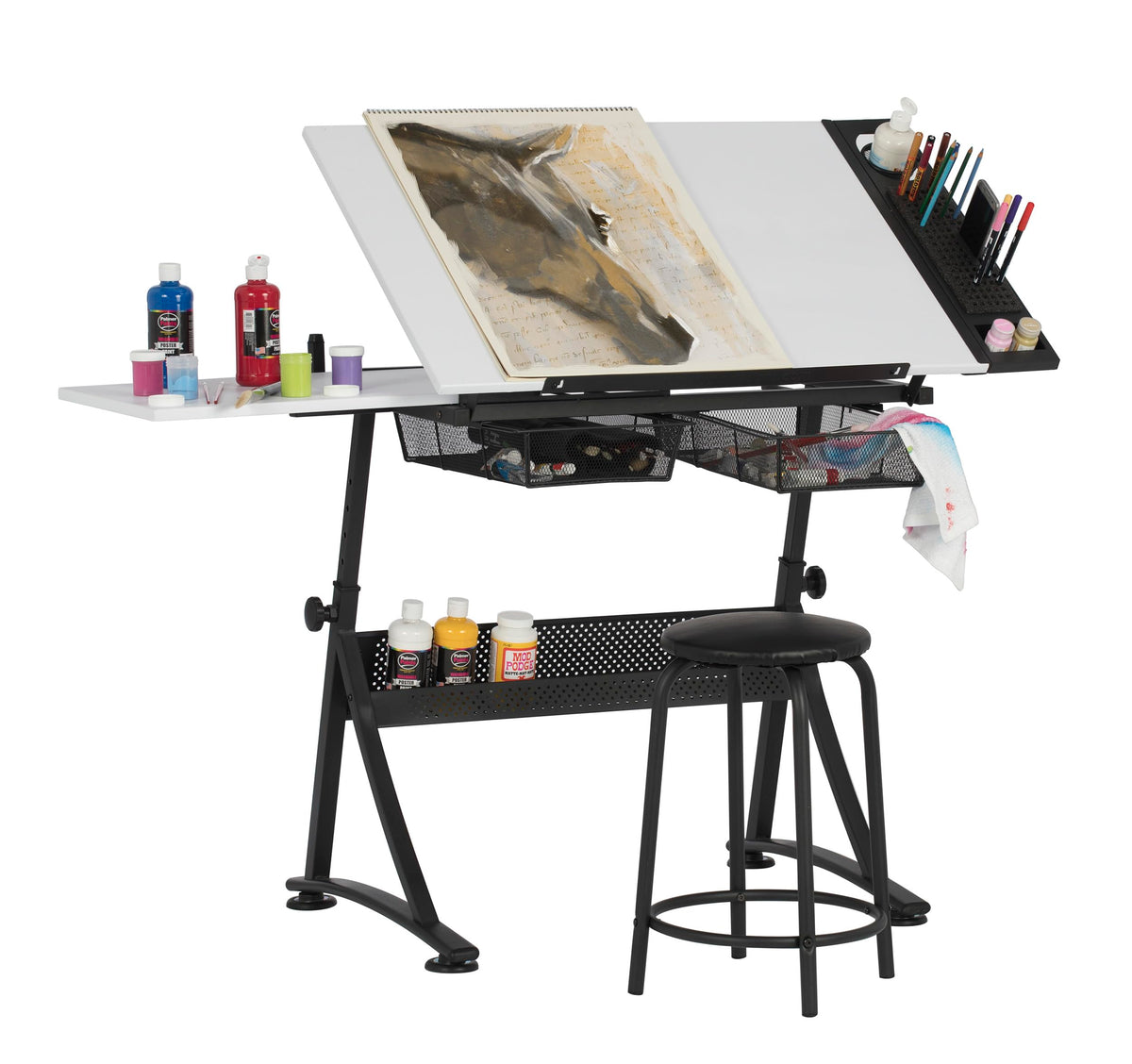 Studio Designs Fusion Drafting Table with Integrated LED Light Pad, Height & Angle Adjustable Tempered Glass Light Table, Artograph Light Pad, Storage Drawers & Side Shelf