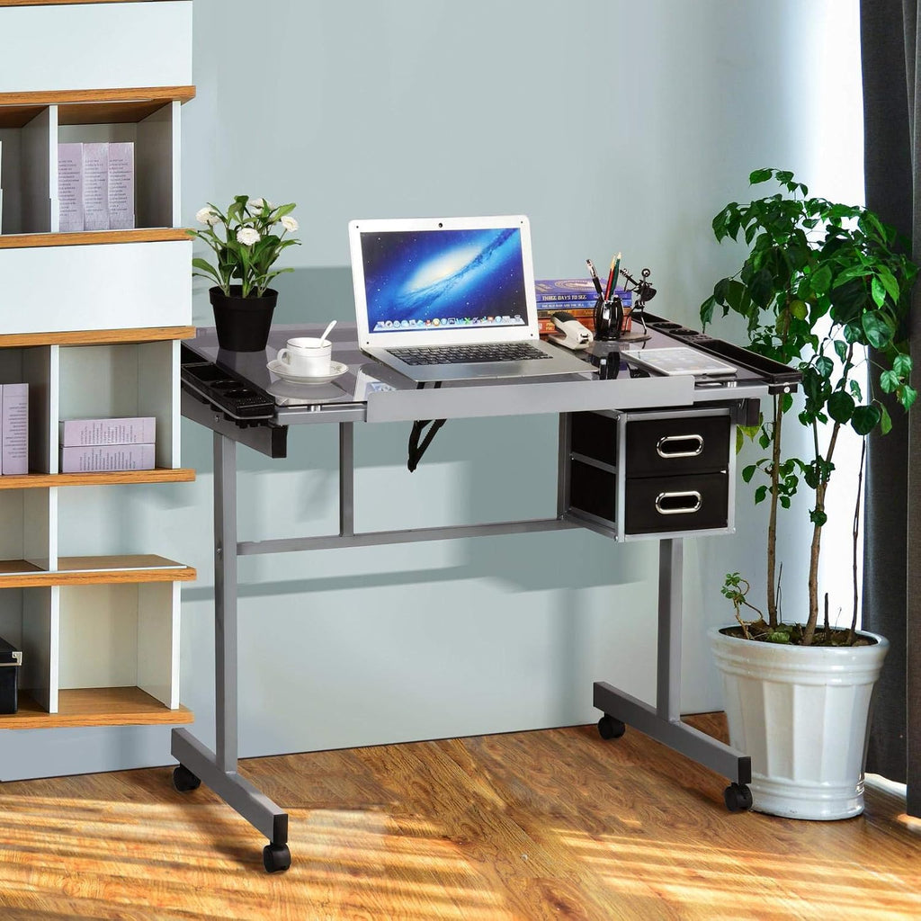 Topeakmart Glass Drafting Table Rolling Drawing Desk w/2 Slide Drawers