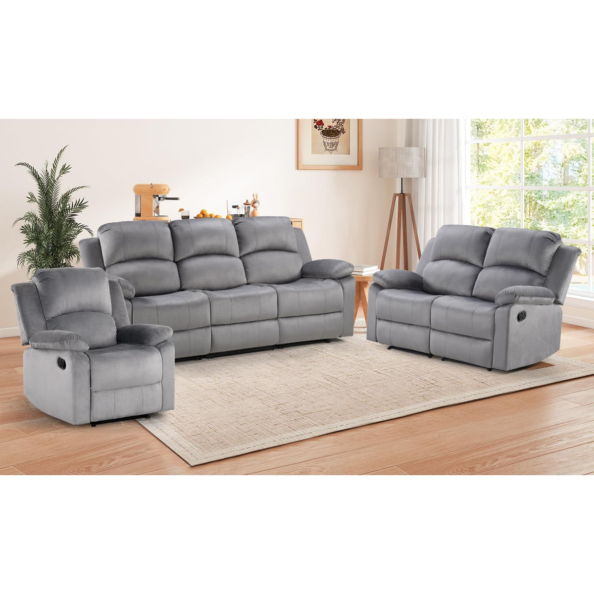 EBELLO Manual Faux Leather Reclining Couch Set for Living Room, Include 1 Recliner Chair, 1 Loveseat Sofa, Recliner Sofa Furniture Set for Home and Office, Black