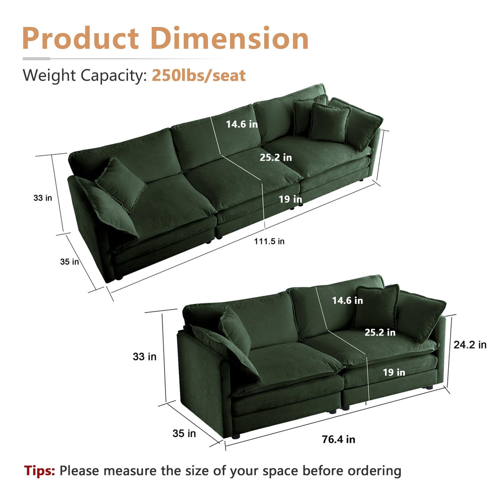 mikibama Luxury 2 Piece Loveseat Couch & Sofa Armchair Set, Modern Upholstered Chenille Cloud Couches Set Furniture with 5 Pillow for Living Room Bedroom Office Apartment, Evergreen