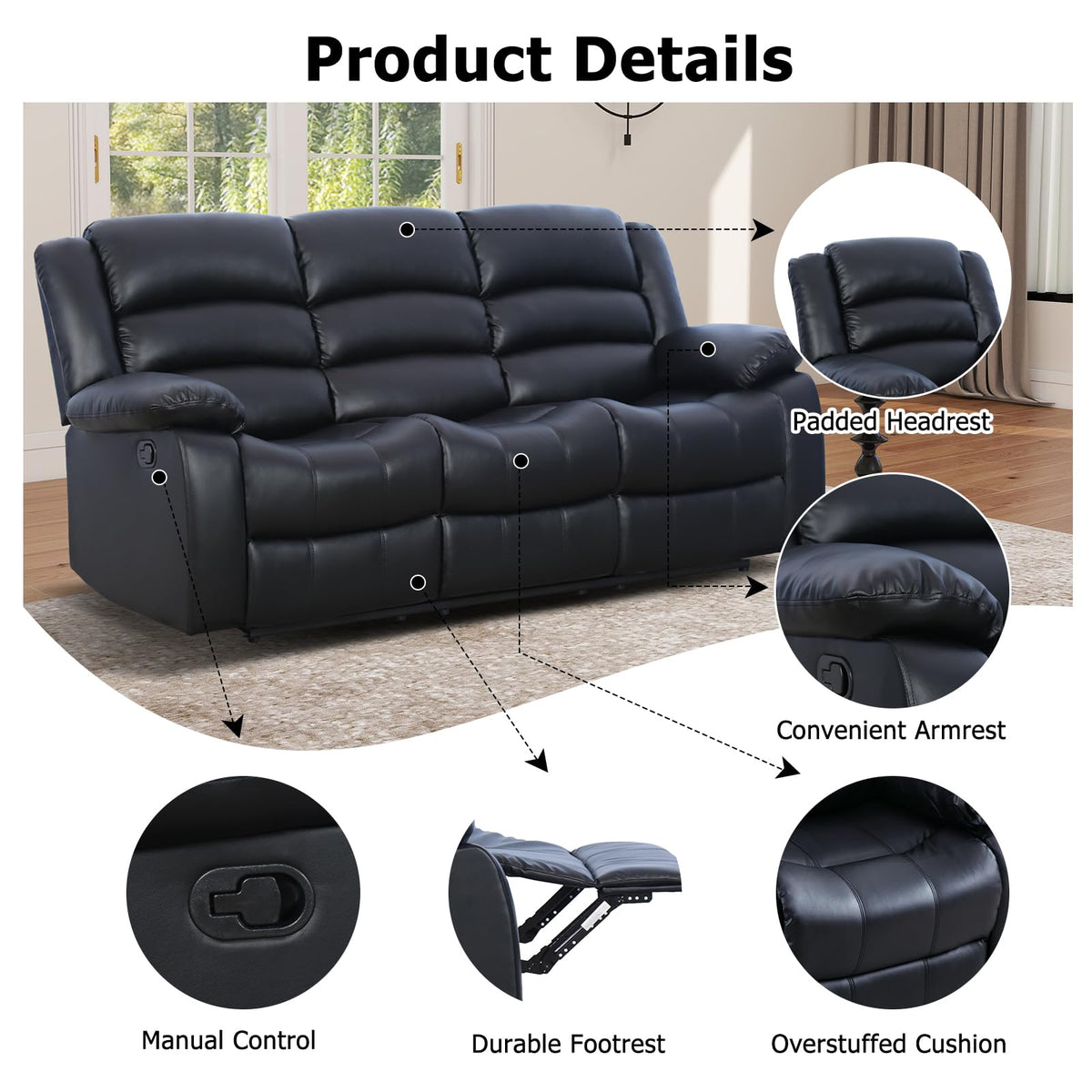 EBELLO Manual Faux Leather Reclining Couch Set for Living Room, Include 1 Recliner Chair, 1 Loveseat Sofa, Recliner Sofa Furniture Set for Home and Office, Black