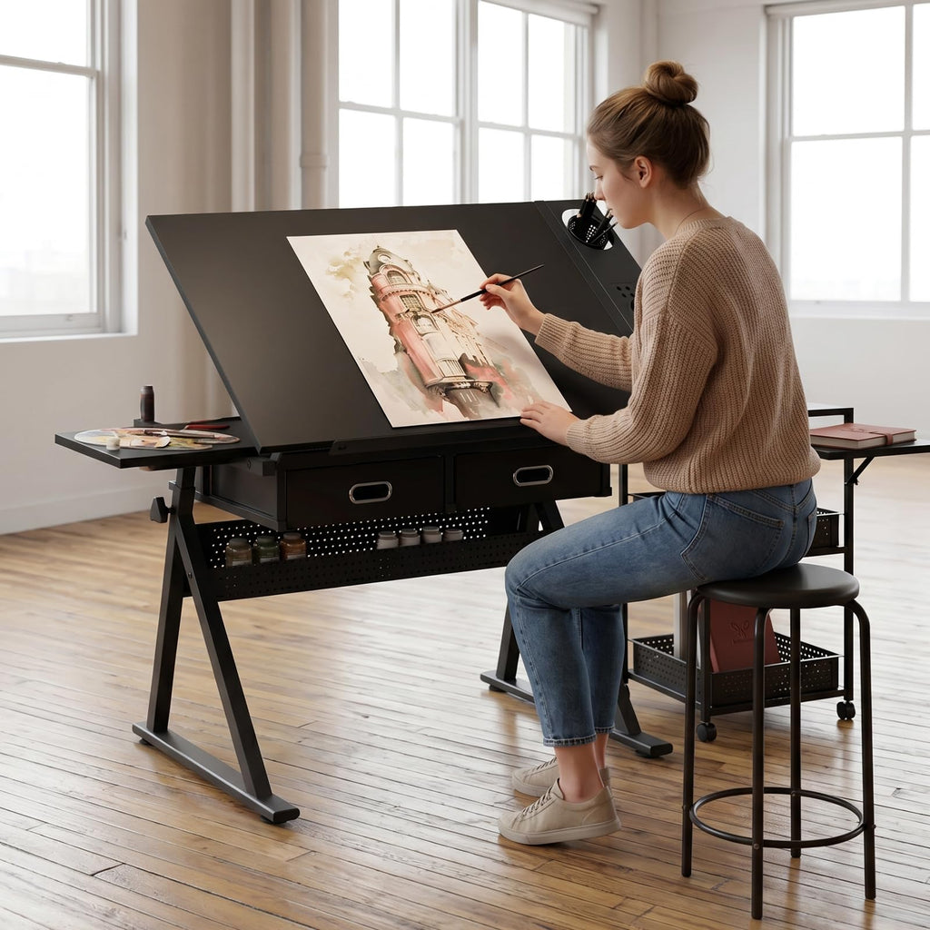 Height Adjustable Drafting Table w/Stool, Painting Table Art Craft Desk Crafting Drawing Desk with Tilting Tabletop, 2 Storage Drawers for Artist Painters (Rustic Brown)