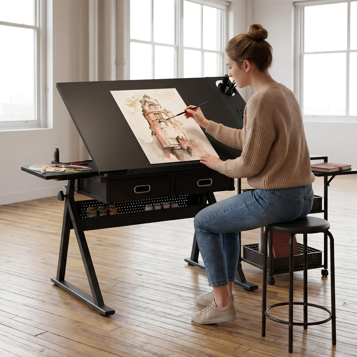 Height Adjustable Drafting Table w/Stool, Painting Table Art Craft Desk Crafting Drawing Desk with Tilting Tabletop, 2 Storage Drawers for Artist Painters (Rustic Brown)
