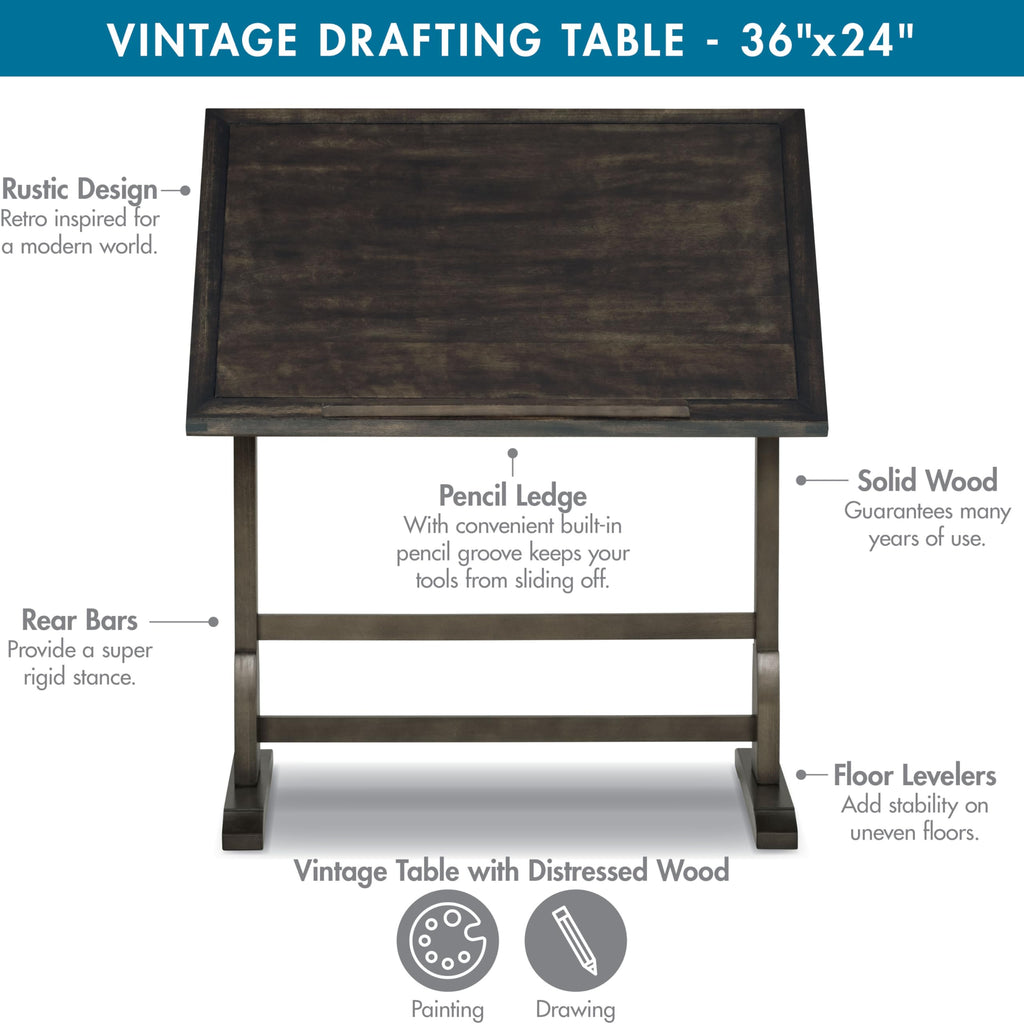 Studio Designs Vintage Drafting Table - Antique Design Solid Wood Drafting Table with Built-In Pencil Groove and Pencil Ledge - Angle Adjustable Work Surface