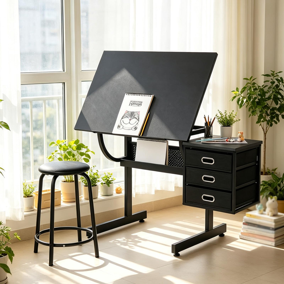 Adjustable Drawing Table with 3 Drawers and Stool, Black