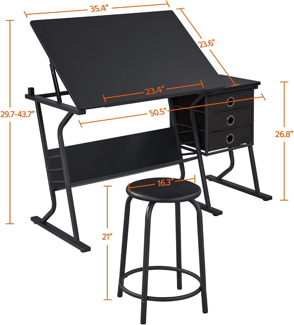 Yaheetech Tilting Drafting Table Art Craft Desk with Stool, Drawers, Black