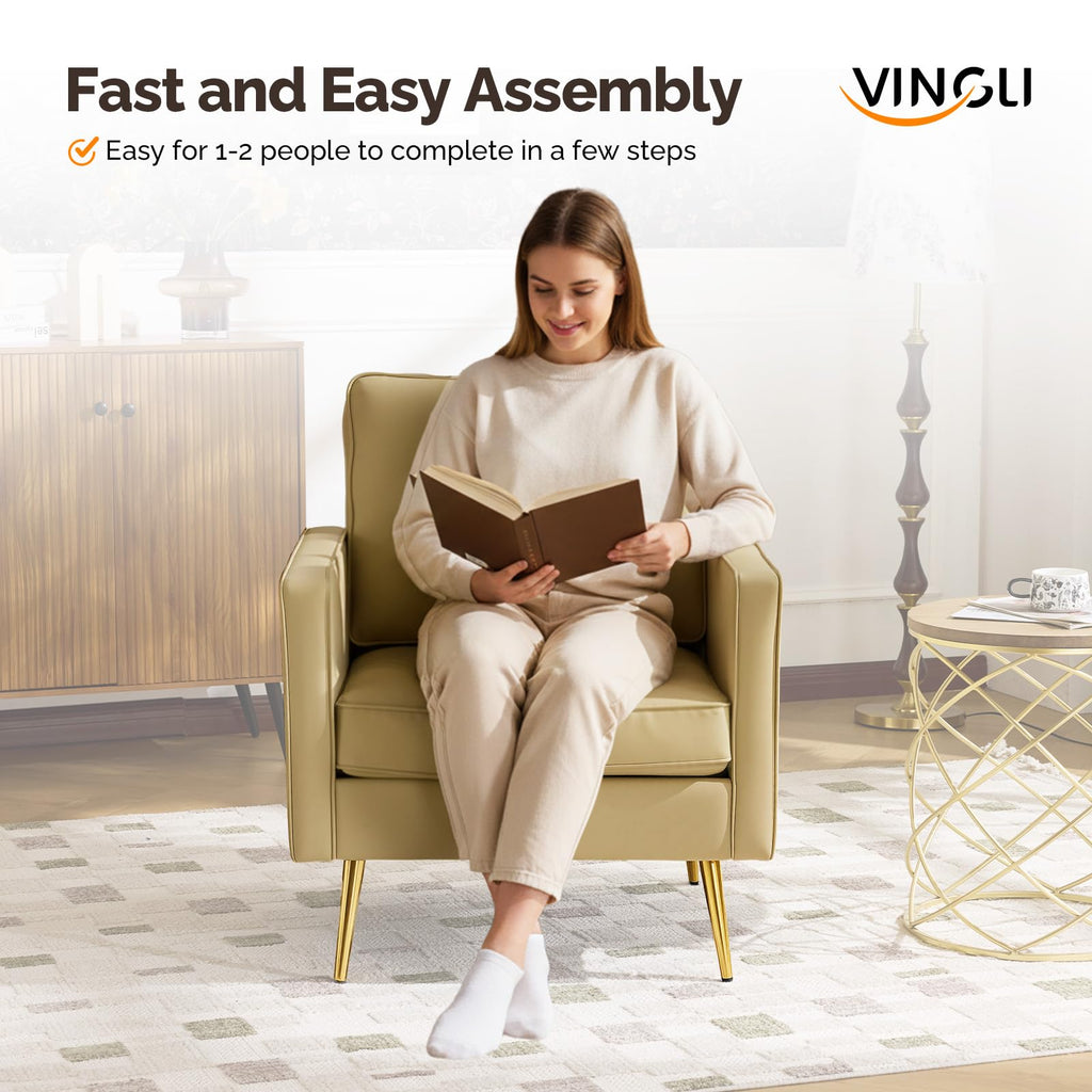 VINGLI Faux Leather Accent Chairs Set of 2 with Gold Legs for Living Room