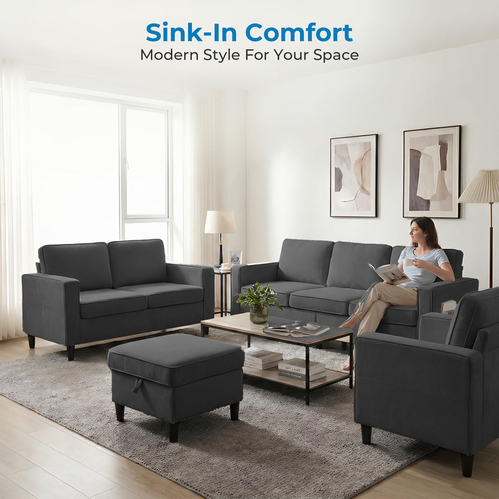Mjkone 78"W 3 Pieces Sofa Couches Set for Living Room Sets Furniture, Sectional L Shaped 3-Seater Small Sofas Couch and Loveseat Sets with Storage Ottoman and Side Pockets for Home Office, Light Gray