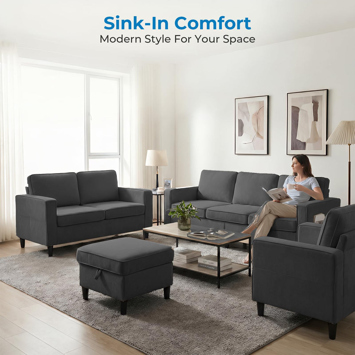 Mjkone 78"W 3 Pieces Sofa Couches Set for Living Room Sets Furniture, Sectional L Shaped 3-Seater Small Sofas Couch and Loveseat Sets with Storage Ottoman and Side Pockets for Home Office, Light Gray
