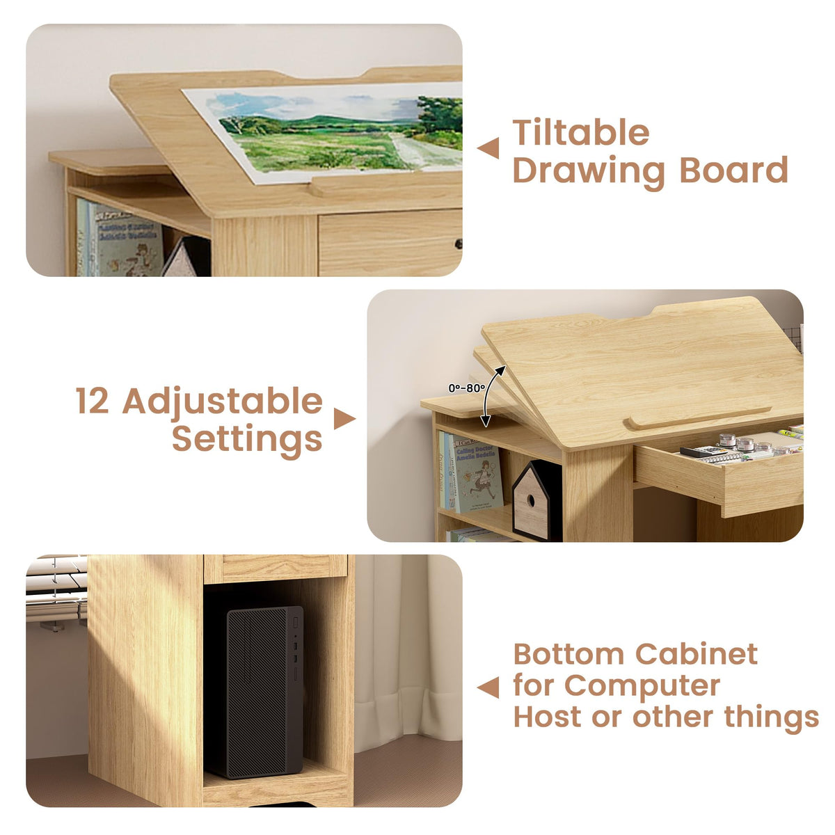 Drafting Table with Storage Cabinet & Drawers, Adjustable Drawing Table with Open Shelves, Craft Art Desk for Artists, Painters, Drawing, Crafting, Reading, Writing, Working