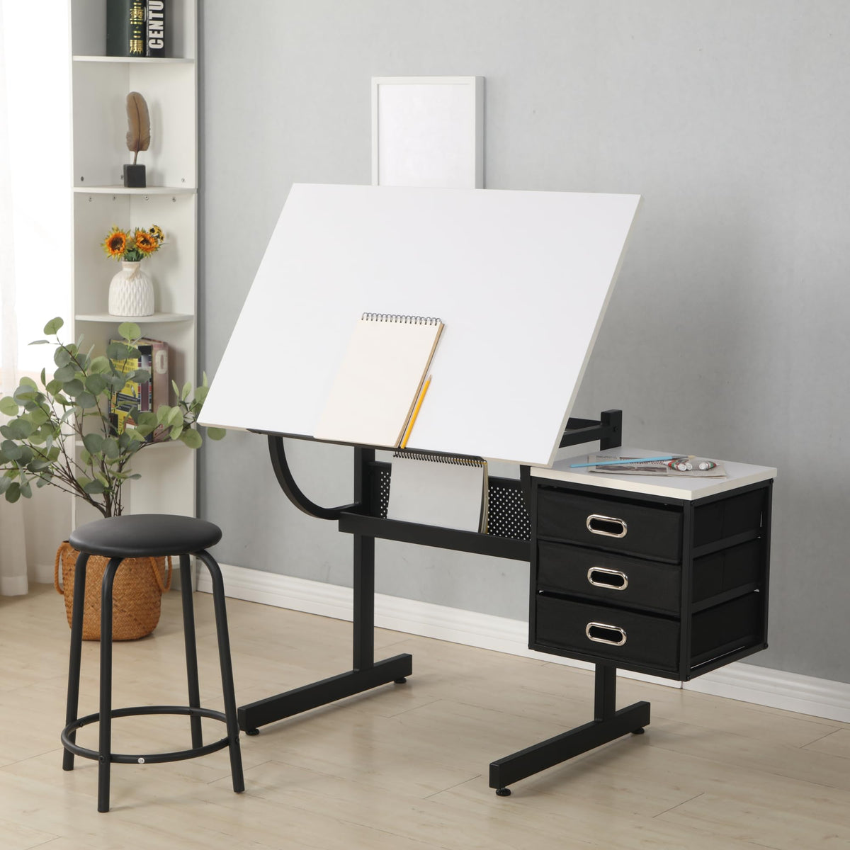 Adjustable Drafting Table with Stool, 0-75Â° Tilting Art Desk, White