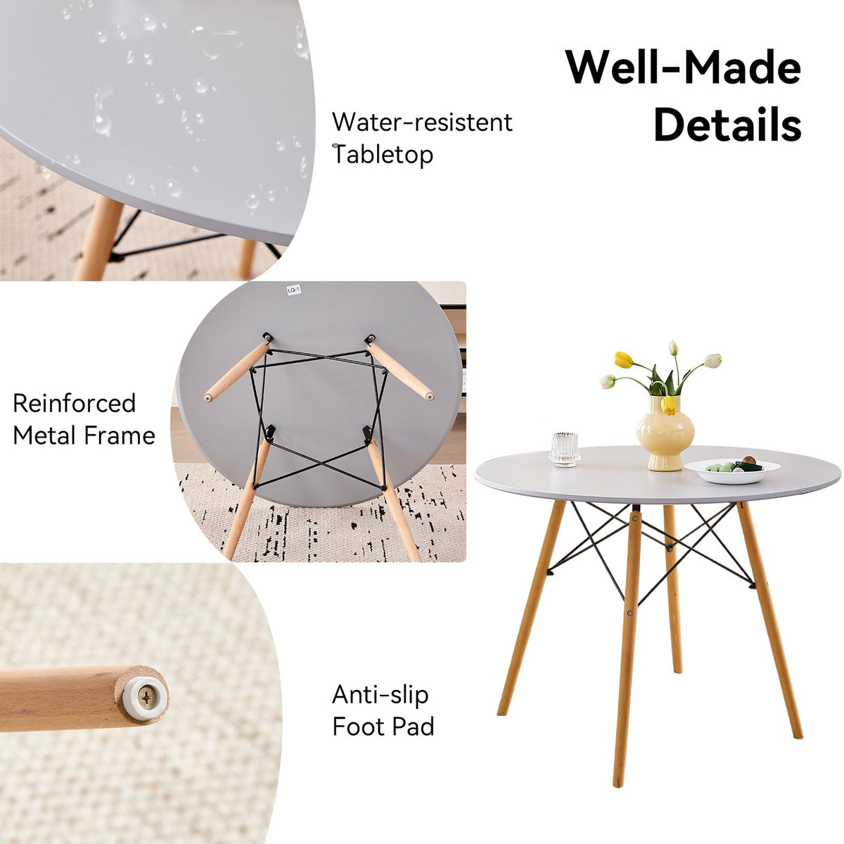 5-Piece Round Dining Set, 35.5" Black Table & Light Gray Chair