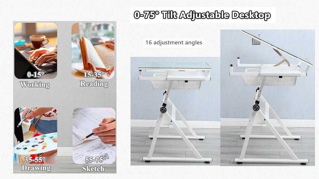 Adjustable Drawing Table for Artists | Drafting Desk with Tilted Glass Top | Art & Craft Table for Adults (Black, Classic Pro-27.16''- 35.82'' H)
