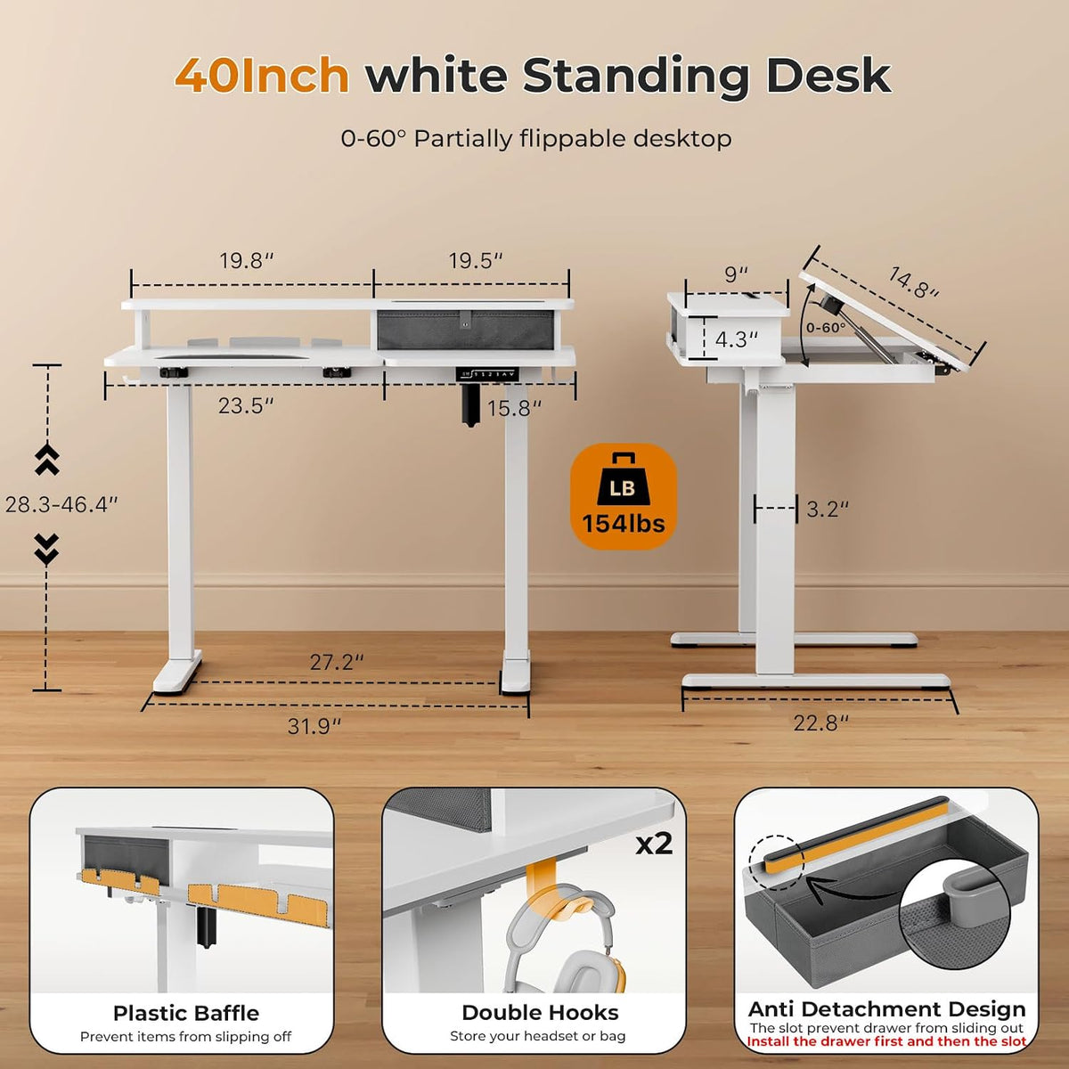 Gibbon Mounts 40â Standing Desk 60Â° Tilt Electric Drafting Table with Shelf
