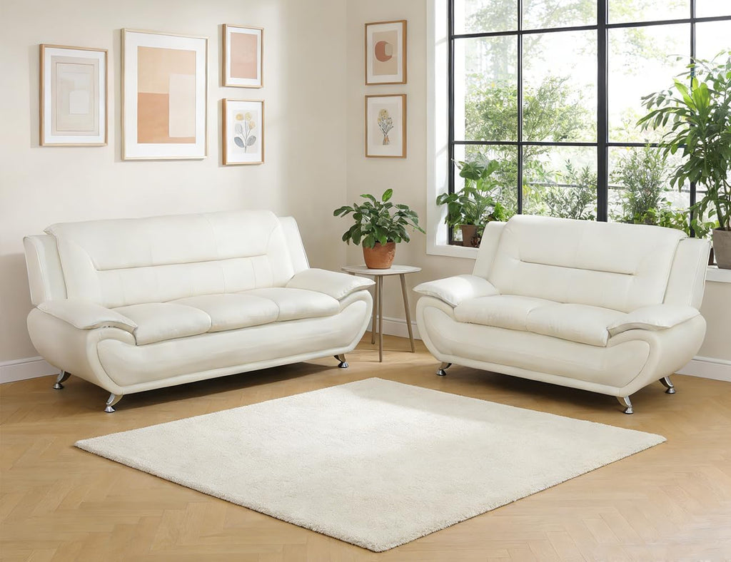 Leather Sectional Sofa Couches, Living Room Sofa and Loveseat Set, Faux Leather Couch and Loveseat Set for Office/Bedroom/Apartment, Cream