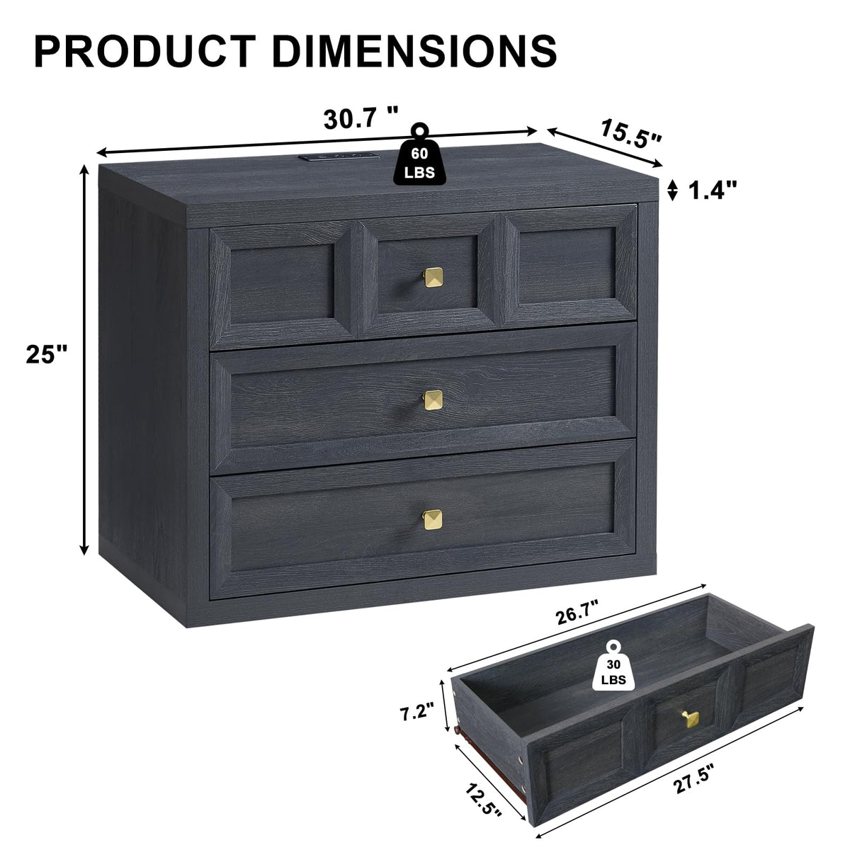 3 Drawers Nightstand Set of 2 W/Charging Station, 30.7" W King Size Bedside Table with 3 Drawers, Accent End Table W/Large Storage, Modern Wood Side Table for Bedroom,Office (2 Pieces, Gray Black)