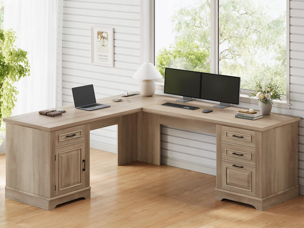 Itaar Farmhouse L Shaped Desk, Executive Computer Desk with Drawers and Storage Cabinet, Home Office Desk with File Drawer and Power Outlet, Corner Desk, Workstation for Office Home, Grey