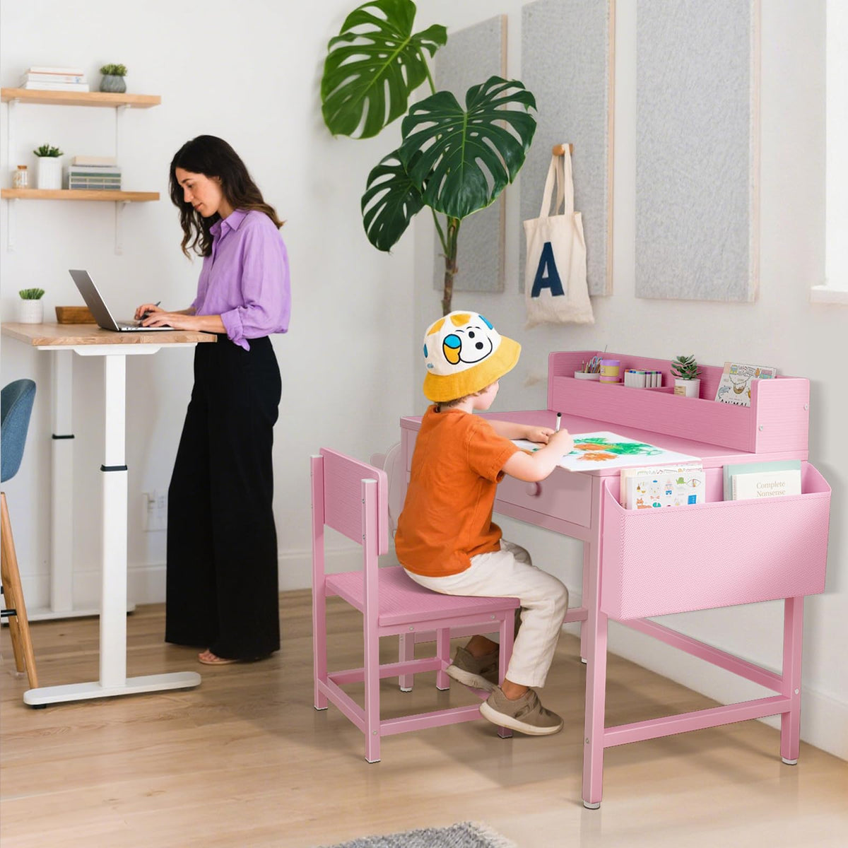 BOLUO White Kids Desk and Chair Set for 5-8 Year Old, Small Child Desk with Fabric Drawer, Children Study Table with Storage Toddler Girls Boys