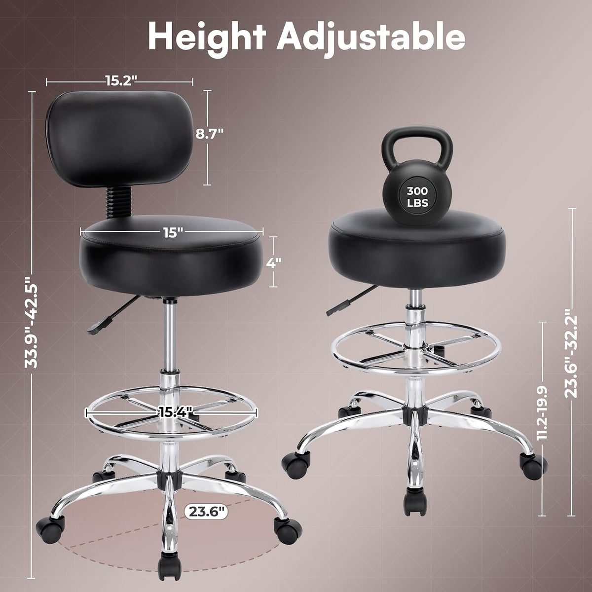 SUPERJARE Drafting Chair with Backrest, Adjustable Foot Rest Rolling Stool