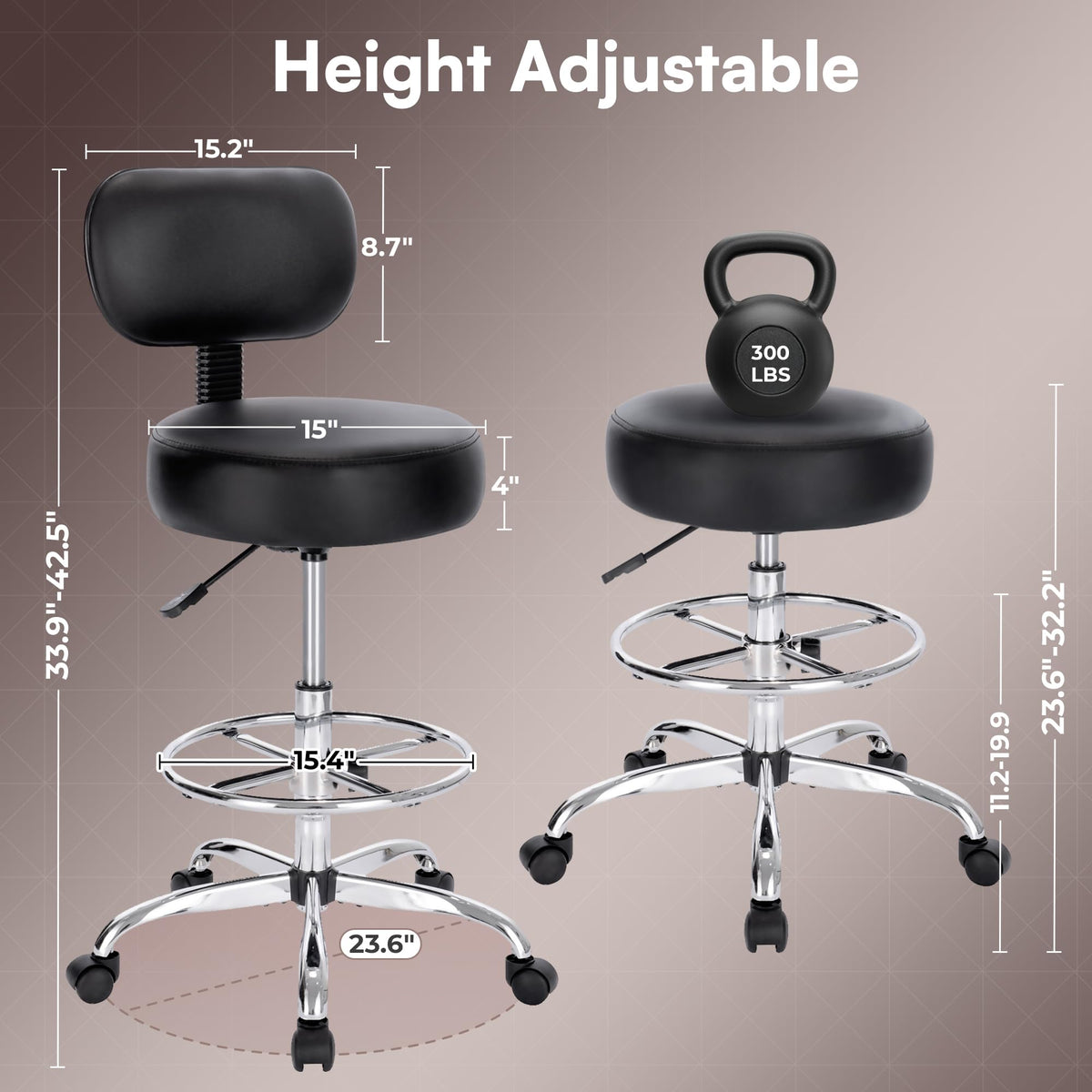 SUPERJARE Drafting Chair with Backrest, Adjustable Foot Rest Rolling Stool
