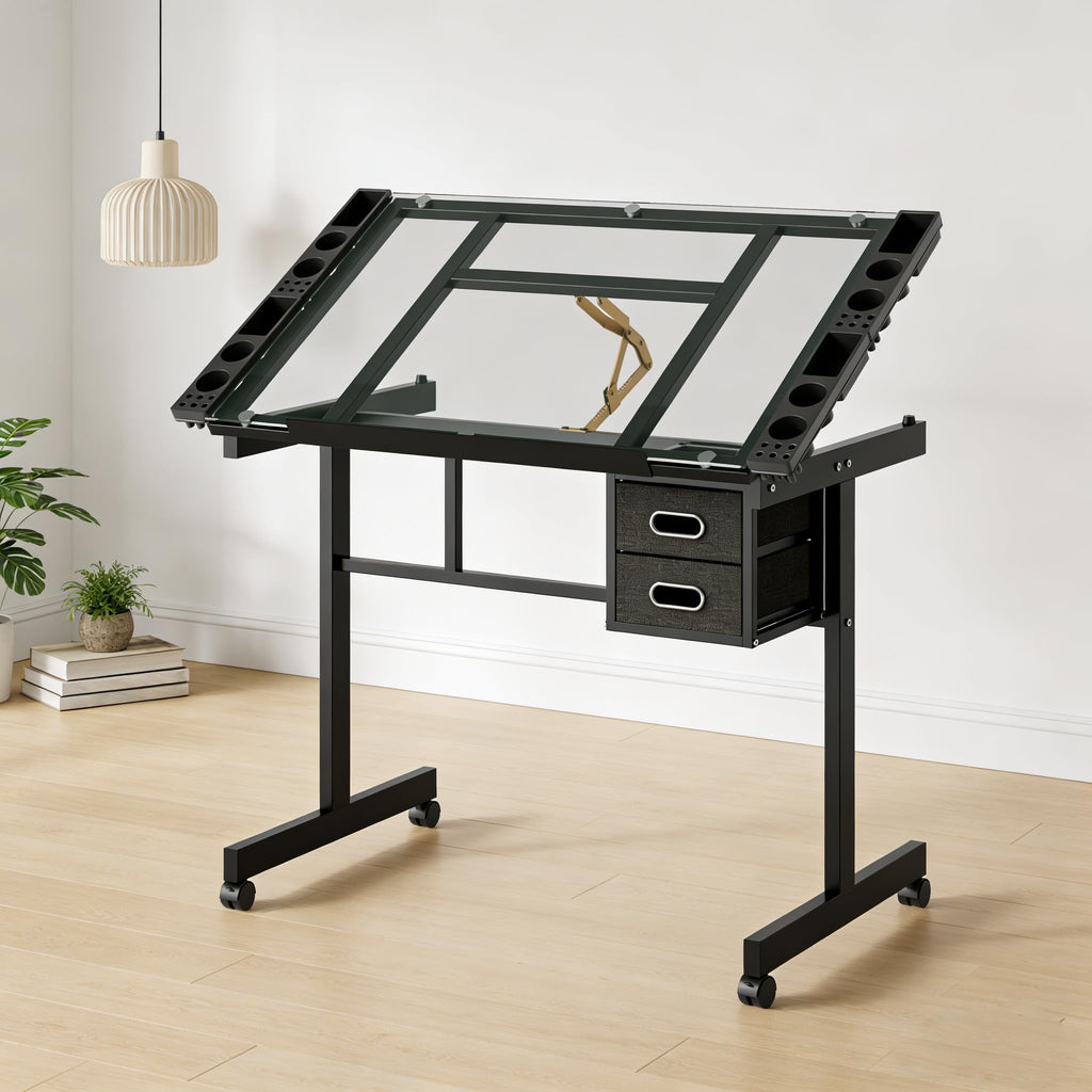 Adjustable Drafting Table with Stool, 0-75Â° Tilting Art Desk, White