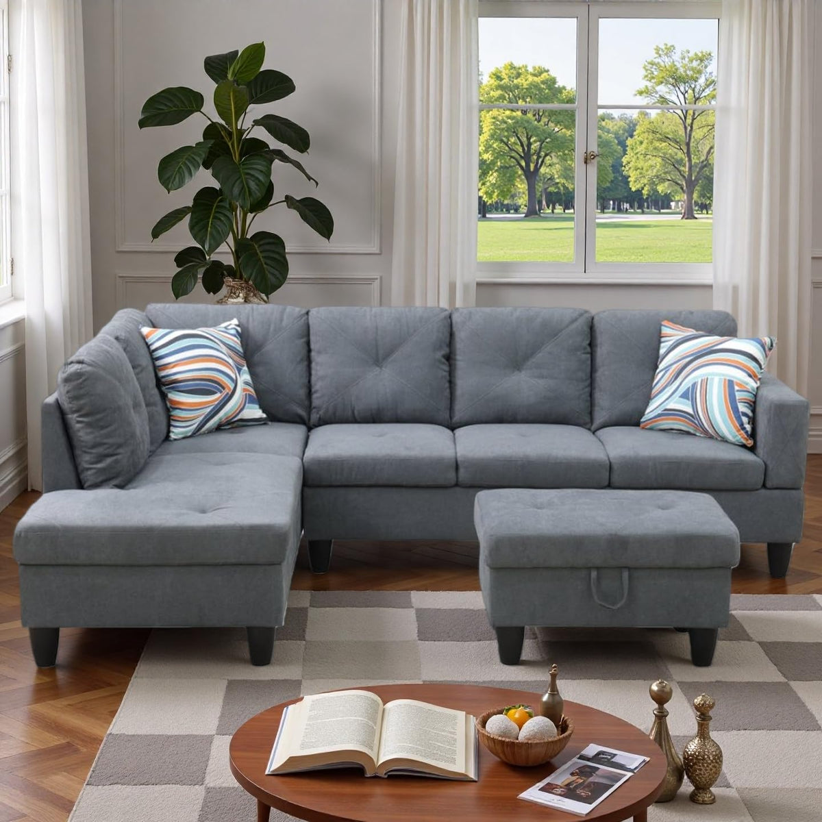 97.5" L-Shaped Modular Sectional Sofa with Movable Chaise & Storage Ottoman, 3 Piece Convertible Leather Couch, 4 Seat Gloss Black Living Room Furniture Set for Apartment Home Office