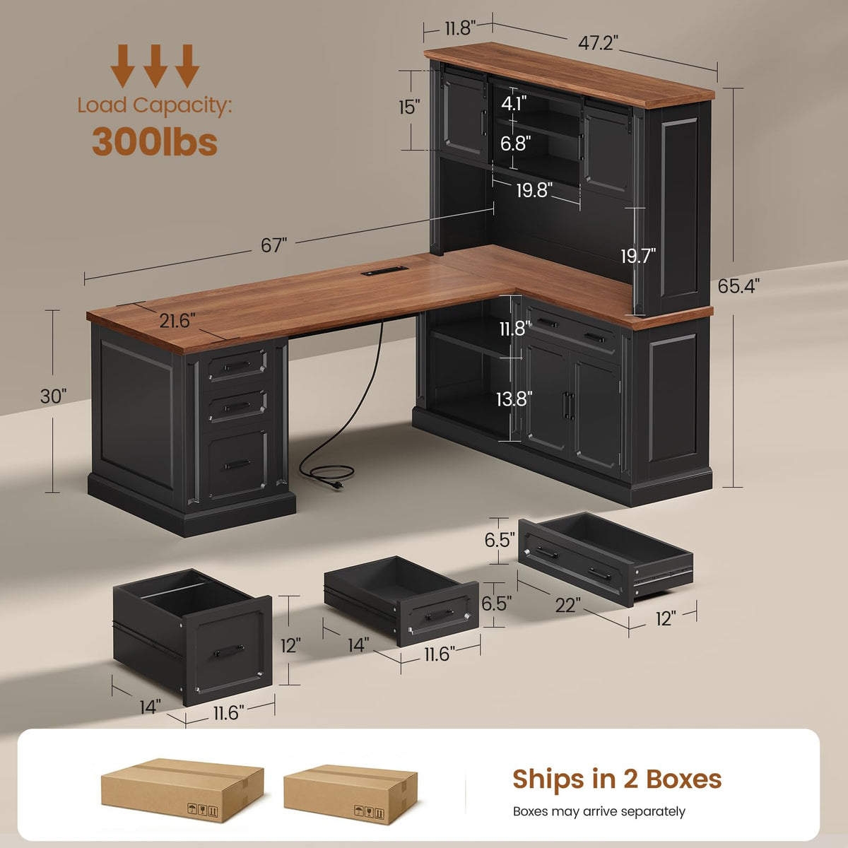 SEDETA Farmhouse 70.9" Executive Desk, Home Office Desk with File Drawers and Storage Cabinet, Computer Desk with Power Outlet for Home Office, Work Study Writing, Black+Brown