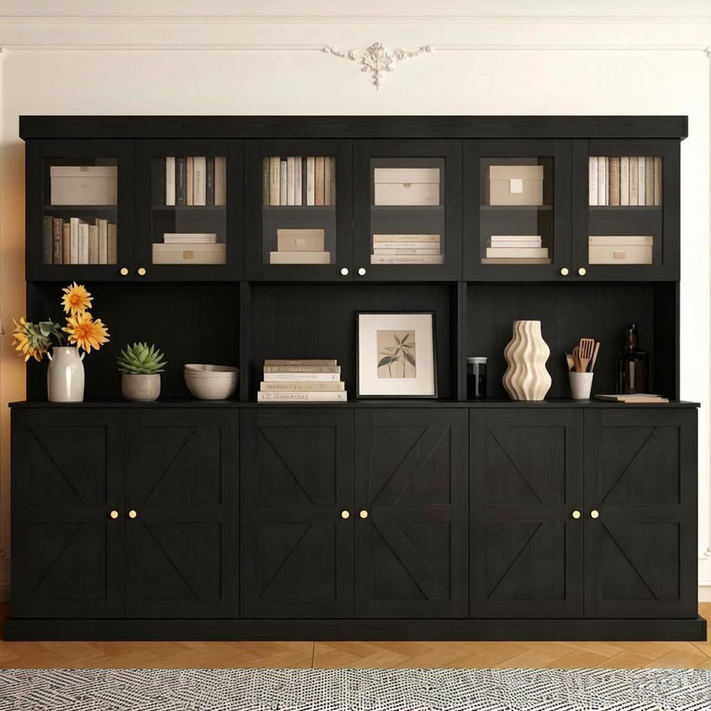 Vyre 71" Black Modular Farmhouse Bookcase Set of 3, Expandable Storage Cabinets with Glass Doors or Drawers for Home Office and Study Room