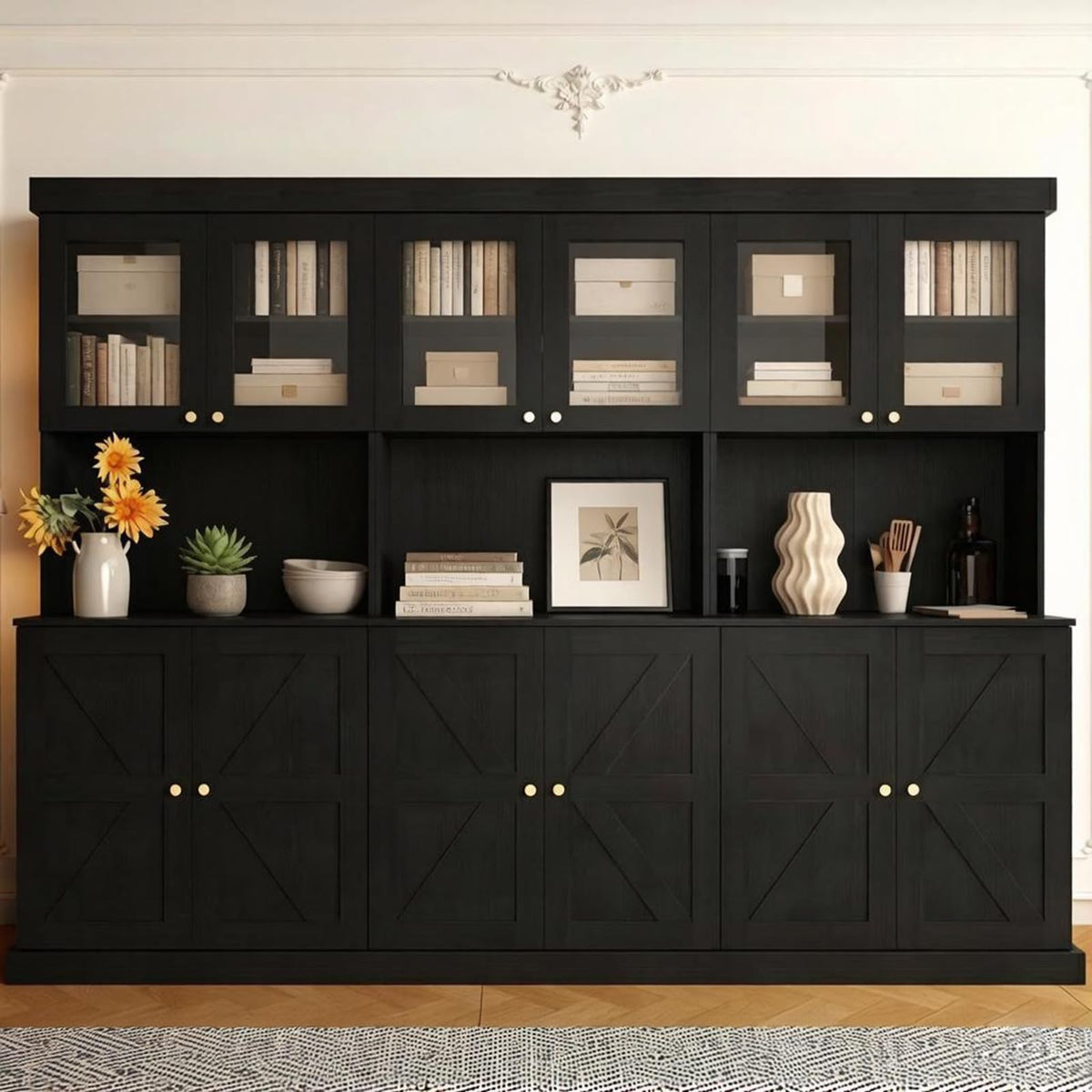 Vyre 71" Black Modular Farmhouse Bookcase Set of 3, Expandable Storage Cabinets with Glass Doors or Drawers for Home Office and Study Room