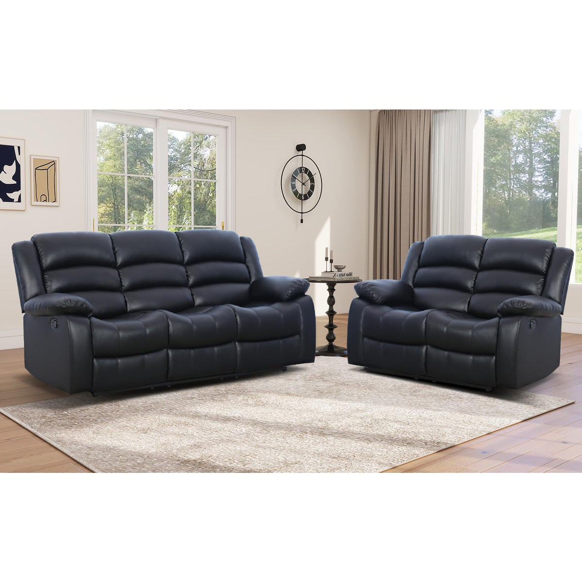 EBELLO Manual Faux Leather Reclining Couch Set for Living Room, Include 1 Recliner Chair, 1 Loveseat Sofa, Recliner Sofa Furniture Set for Home and Office, Black