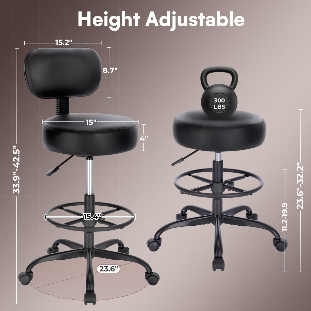SUPERJARE Drafting Chair with Backrest, Adjustable Foot Rest Rolling Stool