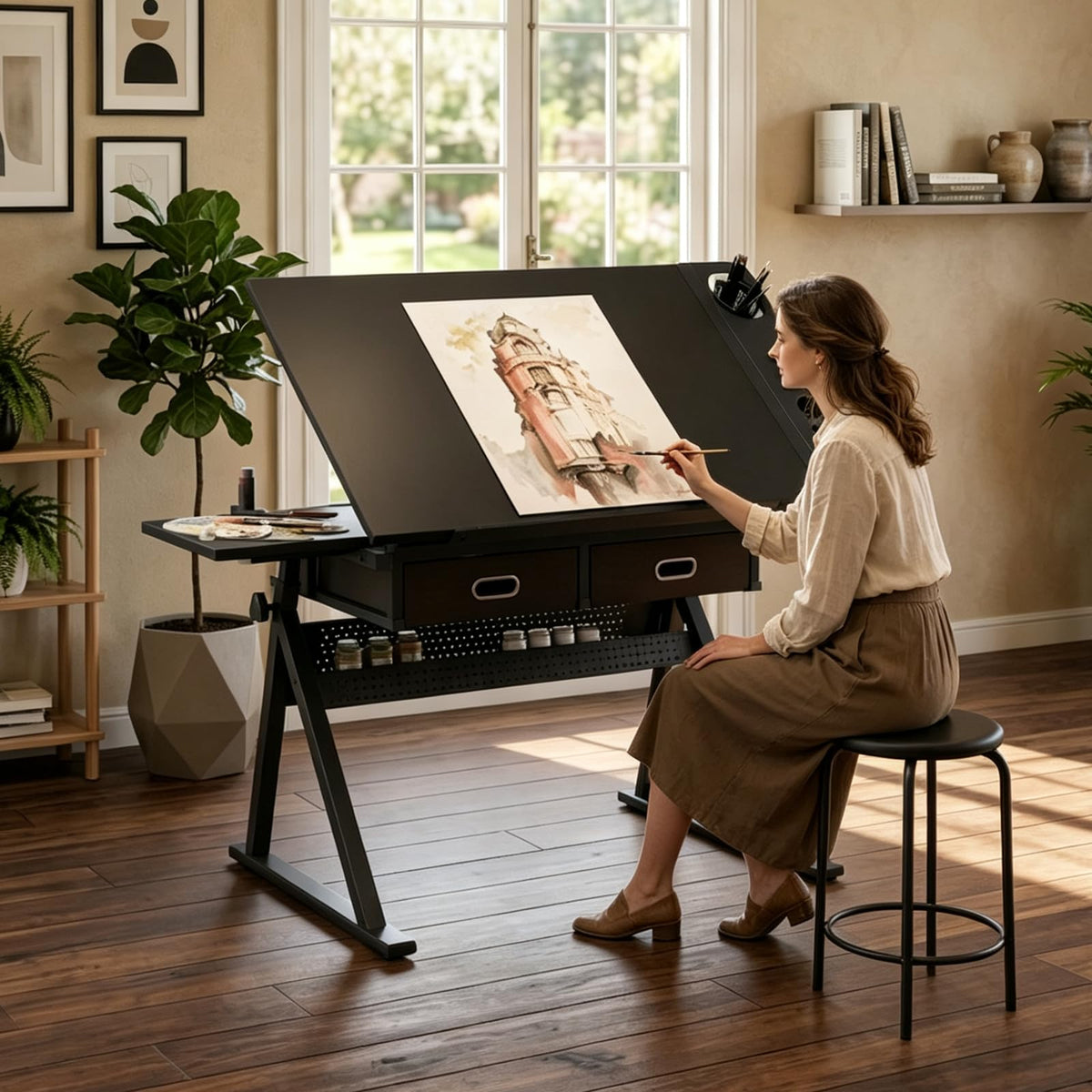 Drafting Table, Height Adjustable Art Table with Stool,T1-All White