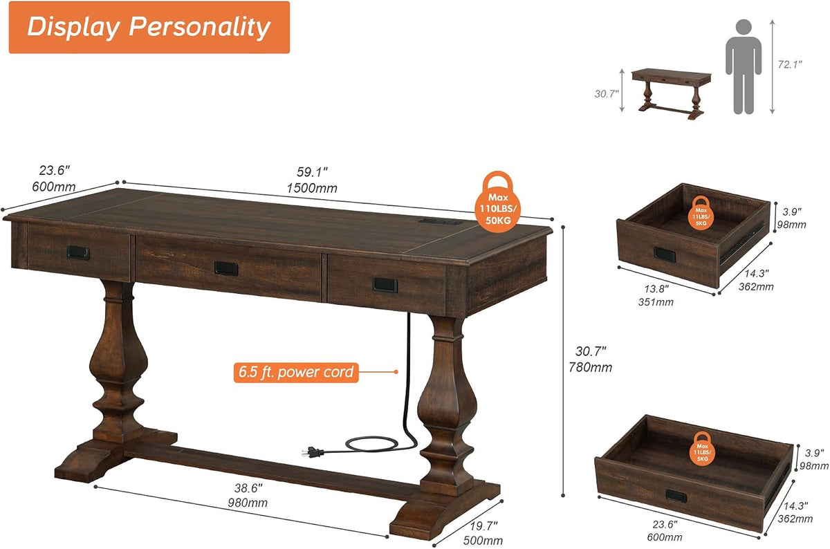 WAMPAT 60-inch Vintage Farmhouse Desk with Charging Station &3 Deep Drawers