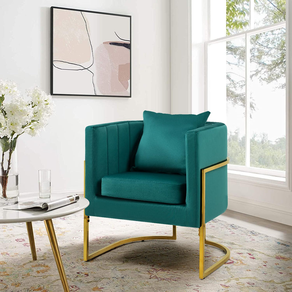 Velvet Accent Barrel Chairs Set of 2, Modern Arm Club Chair Set with Pillow for Living Room/Bedroom/Guest Reception, Channel Tufted, Gold Finish Base, Orange