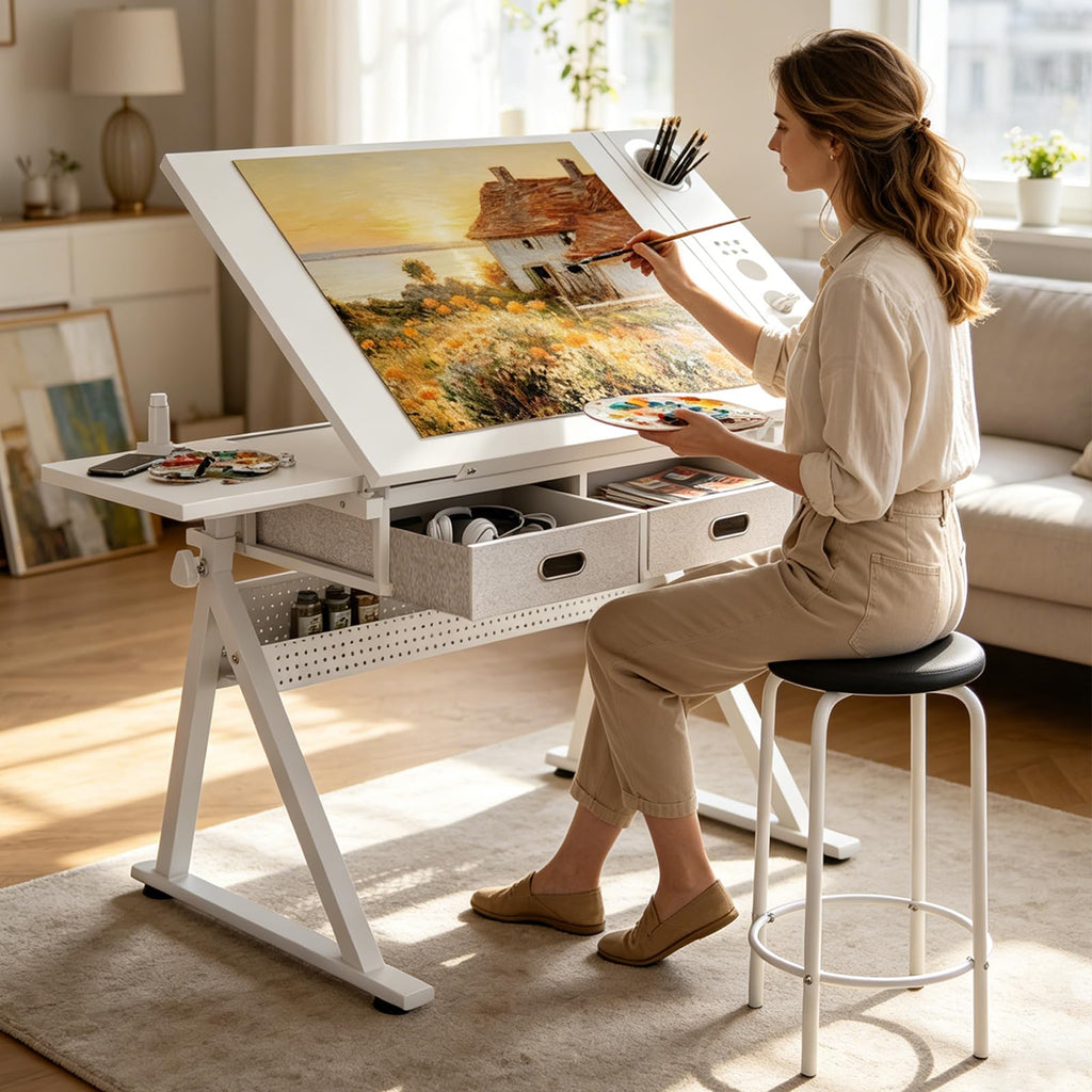 Height Adjustable Tilt Drafting Table with 2 Storage Drawers & Stool Brown
