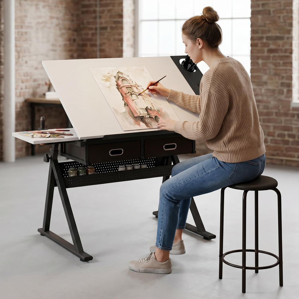 Height Adjustable Drafting Table w/Stool, Painting Table Art Craft Desk Crafting Drawing Desk with Tilting Tabletop, 2 Storage Drawers for Artist Painters (Rustic Brown)