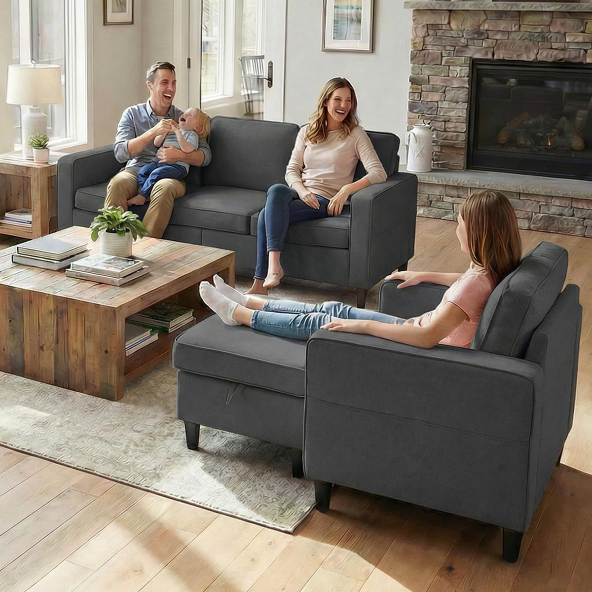 Mjkone 78"W 3 Pieces Sofa Couches Set for Living Room Sets Furniture, Sectional L Shaped 3-Seater Small Sofas Couch and Loveseat Sets with Storage Ottoman and Side Pockets for Home Office, Light Gray