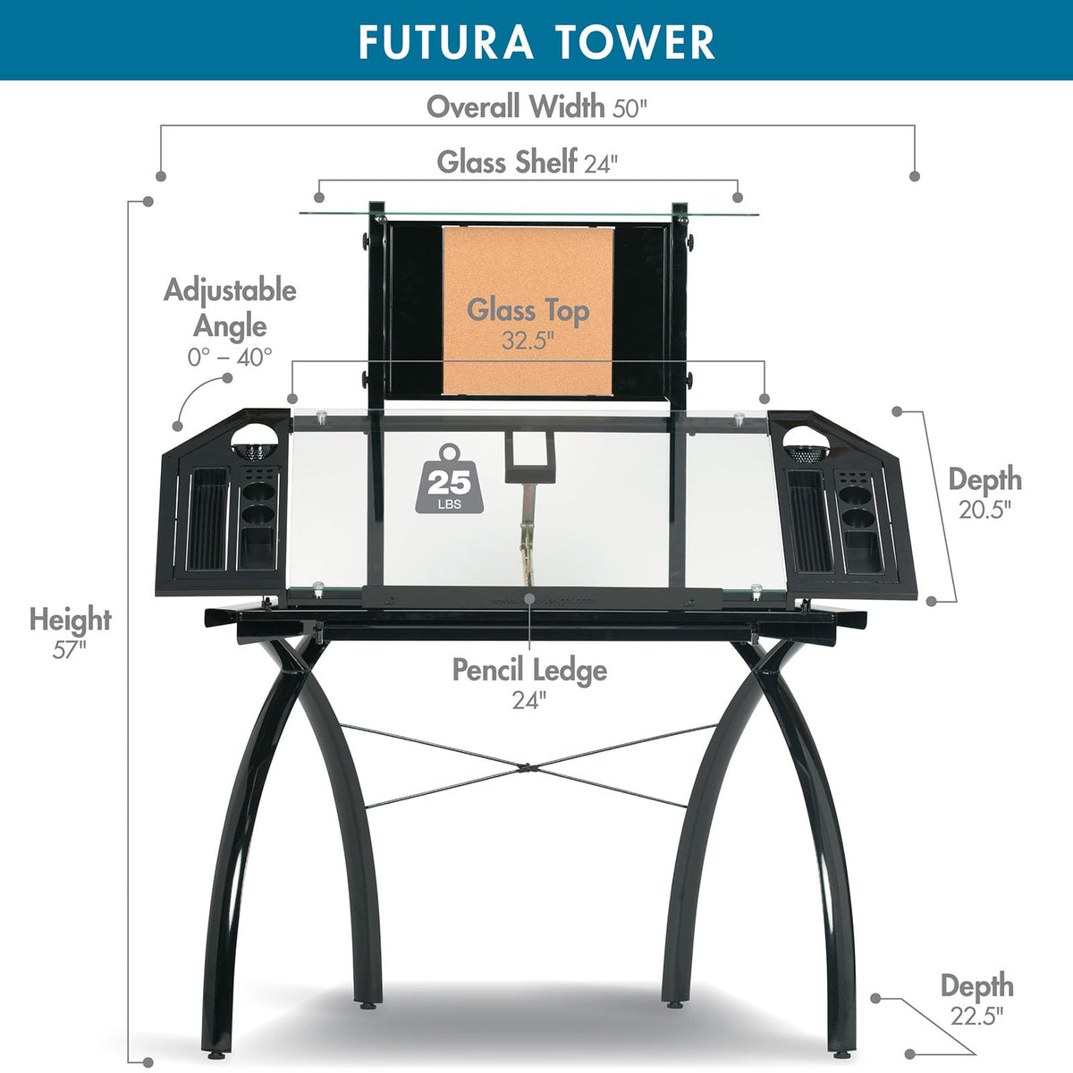 SD STUDIO DESIGNS Futura LS WorkCenter with Tilt Top Adjustable Drafting Table Craft Table Drawing Desk Hobby Table Writing Desk Studio Desk, Silver / Blue Glass