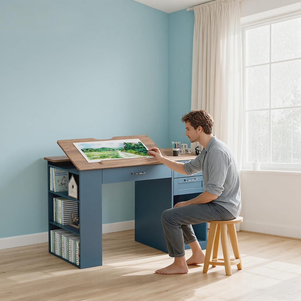 Drafting Table with Storage Cabinet & Drawers, Adjustable Drawing Desk with Open Shelves, Craft Table Painting Desk for Artists, Painters, Drawing, Crafting, Reading, Writing, Working