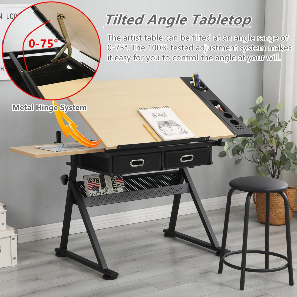 Height Adjustable Art Table Drafting Table with Stool, Rustic