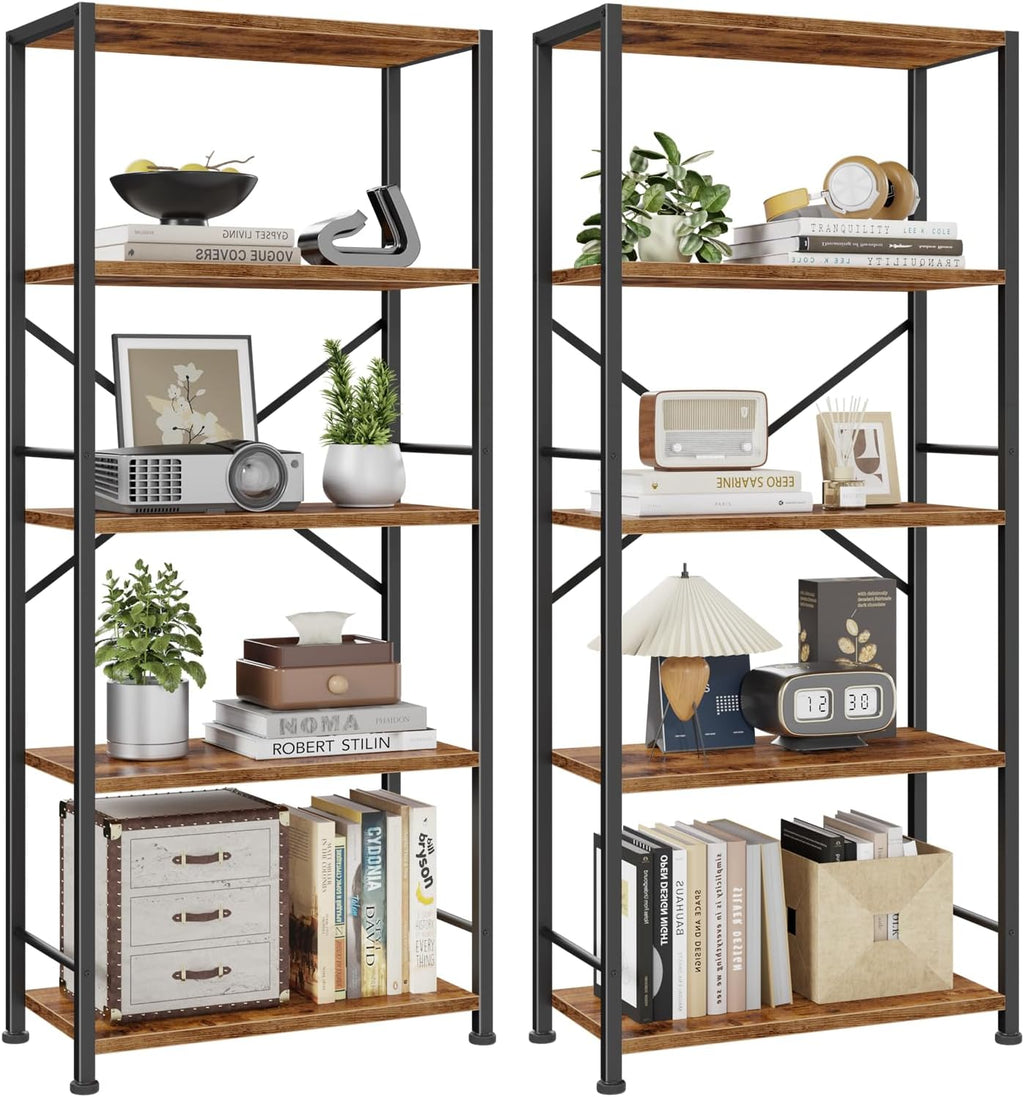 Furologee 5 Tier Book Shelf Set of 2, Tall Wide Bookshelf, Rustic Brown
