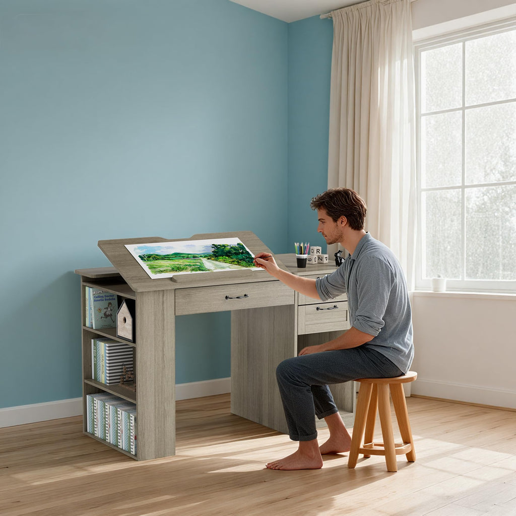 Drafting Table with Storage Cabinet & Drawers, Adjustable Drawing Desk with Open Shelves, Craft Table Painting Desk for Artists, Painters, Drawing, Crafting, Reading, Writing, Working