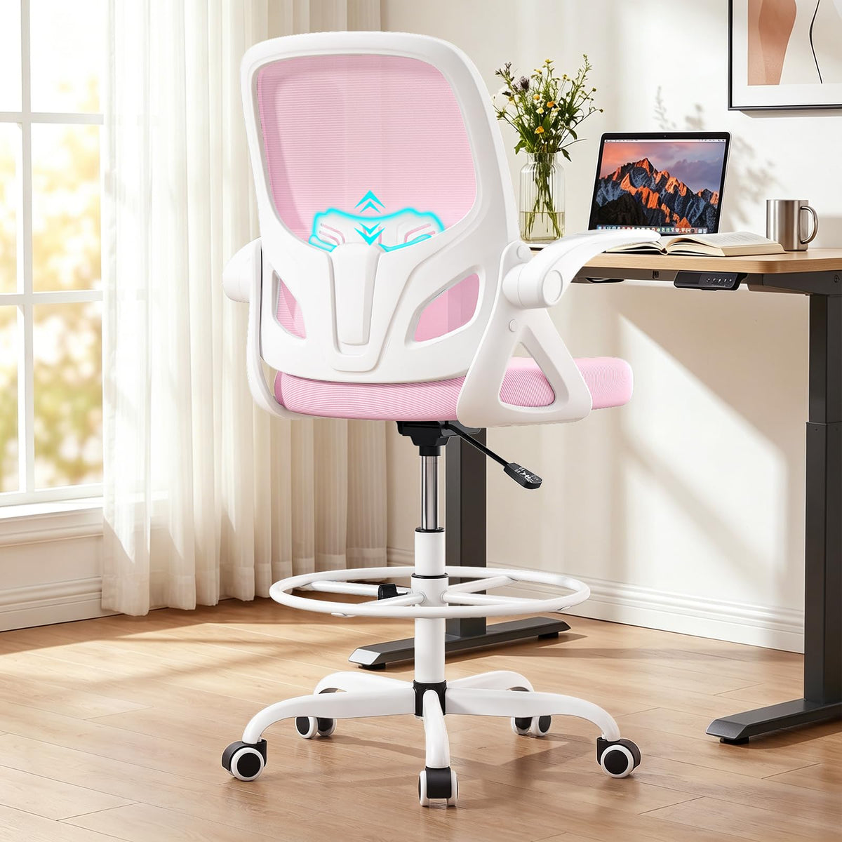 Kensaker Drafting Chair Tall Office Chair, Ergonomic Standing Desk Chair with Adjustable Foot Ring and Flip-up Armrests, Mesh Computer Chair for Art Studio, 300 LBS, Black