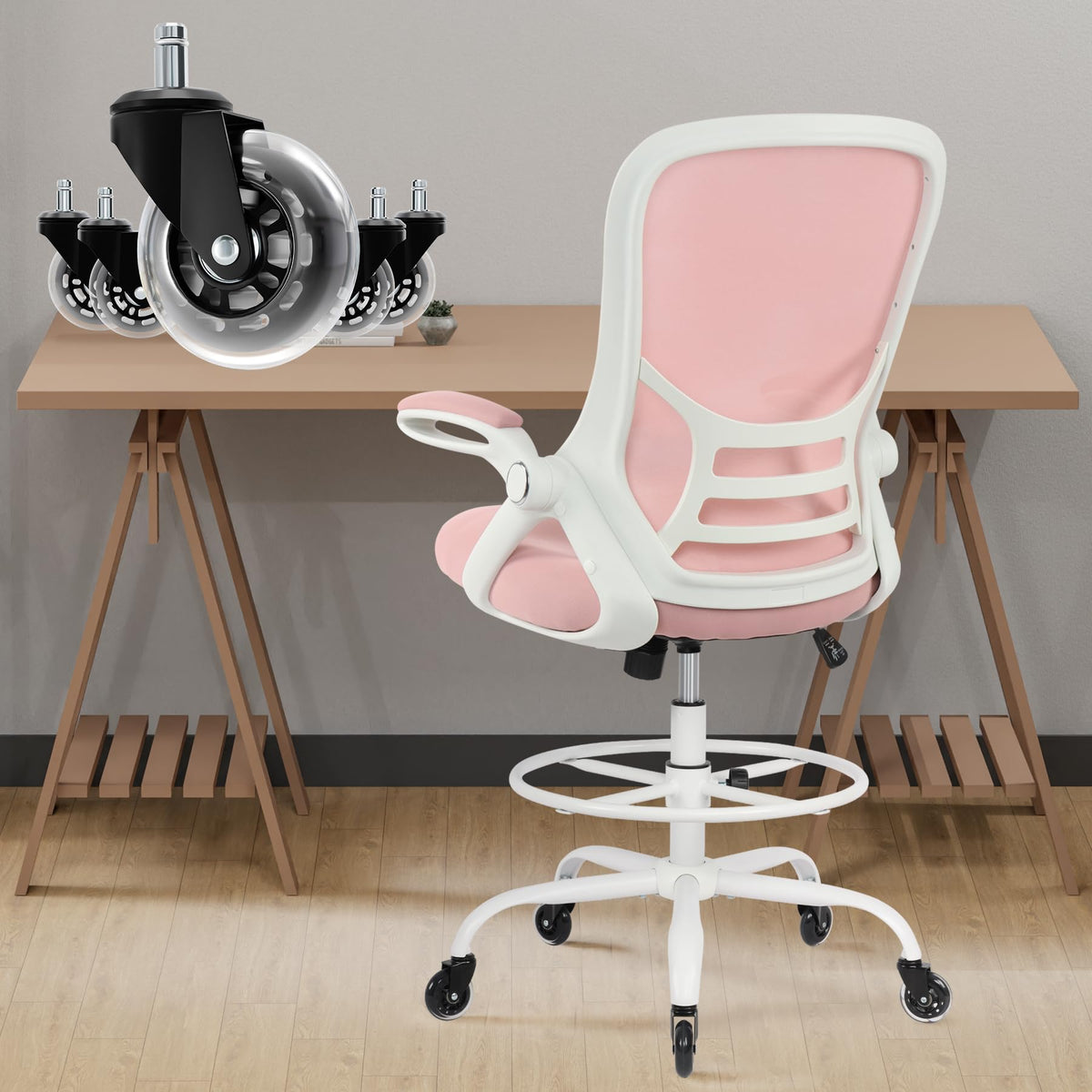 HYLONE Drafting Chair Adjustable, Tall Office Chair Lumbar Support Ergonomic Standing Desk Chair Heavy Duty Tall Drafting Stool for Artists with Footrest Home Office Drafting Stool