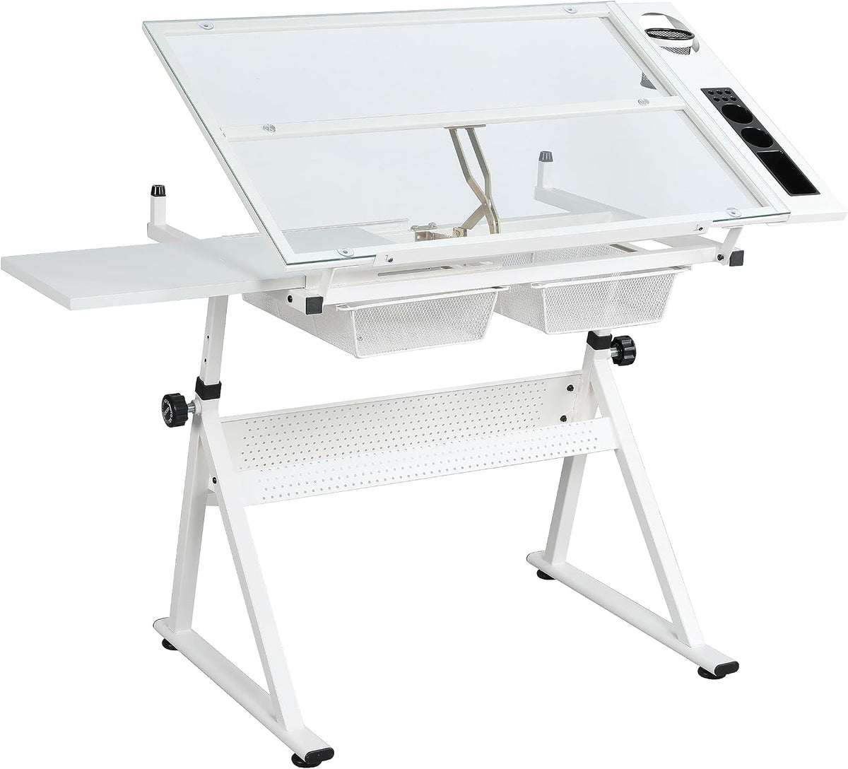 White Drafting Table with Stool Height Adjustable Art Craft Desk with Storage, Tilting Tempered Glass Tabletop, Expansion Board, Drawing Table for Home Office, Artists, Painters