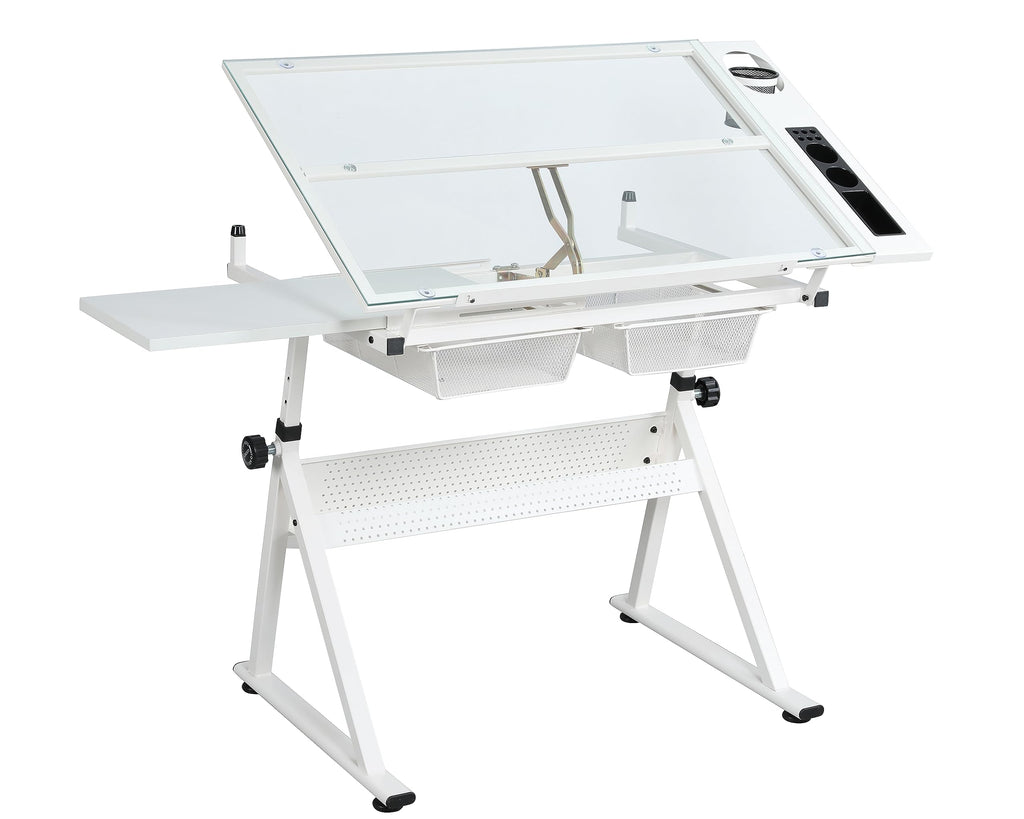 Black Drafting Table Desk w/Stool, Painting Table Art Craft Desk Crafting Table with Tilting Tempered Glass Top, 2 Storage Drawers, Height Adjustable