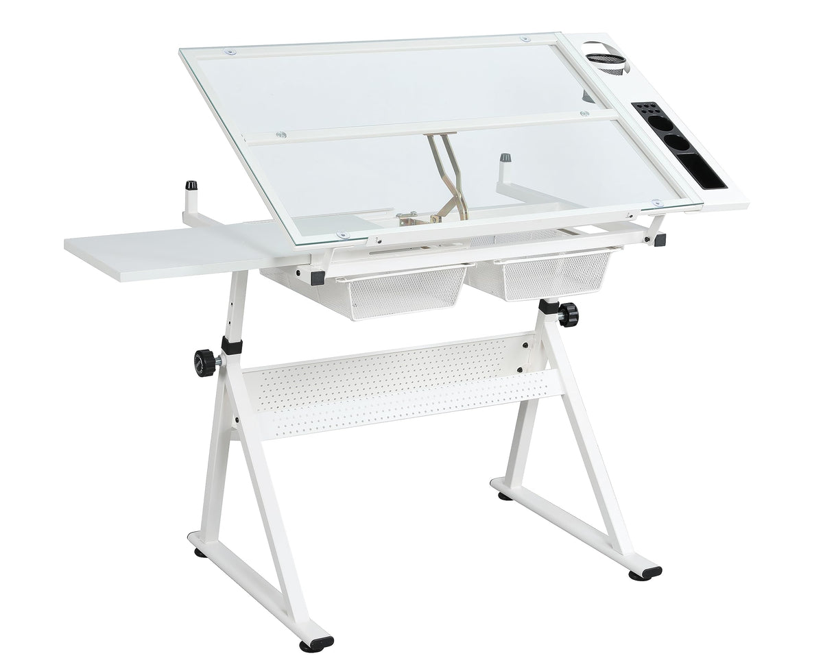 Black Drafting Table Desk w/Stool, Painting Table Art Craft Desk Crafting Table with Tilting Tempered Glass Top, 2 Storage Drawers, Height Adjustable